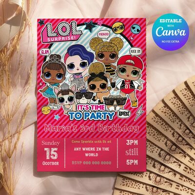Lol surprise birthday girl invitation canva editable instant download - Thumbnail 5