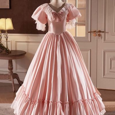 Pink satin lace long prom dress, beautiful v-neck puff sleeves evening party dress - Thumbnail 1