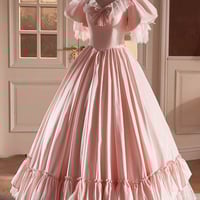 Pink Satin Lace Long Prom Dress, Beautiful V-Neck Puff Sleeves Evening Party Dress - Thumbnail 3
