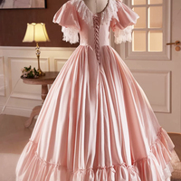 Pink Satin Lace Long Prom Dress, Beautiful V-Neck Puff Sleeves Evening Party Dress - Thumbnail 4