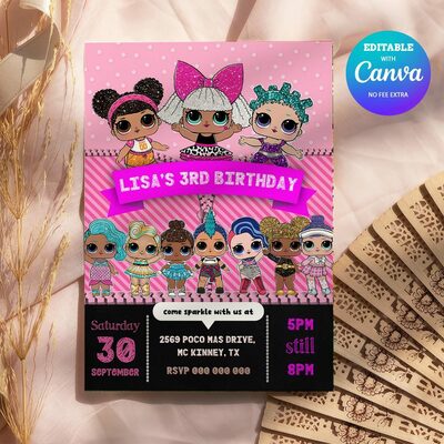 Lol surprise birthday girl invitation canva editable instant download