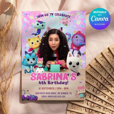 Gabby's dollhouse birthday invitation canva editable instant download