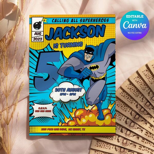 Batman ANY AGE Birthday Invitation Comic Style Canva Editable Instant Download