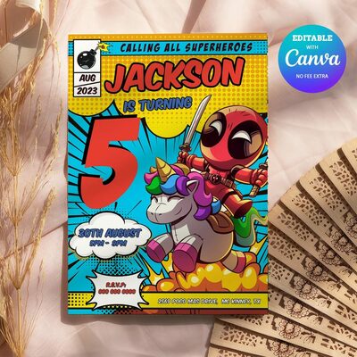 Deadpool any age birthday invitation comic style canva editable instant download