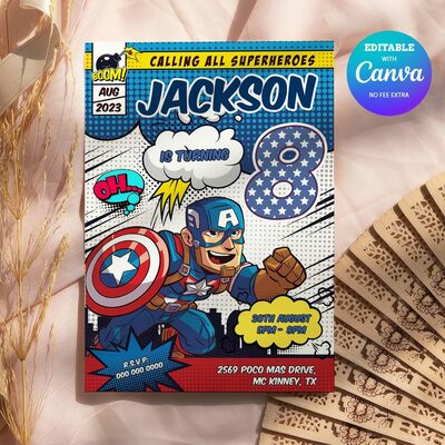 Captain America Comic 8th Birthday Invitation Comic Style Canva Editable Instant Download