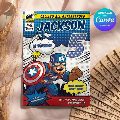 Captain America Comic 5th Birthday Invitation Comic Style Canva Editable Instant Download