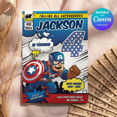 Captain america comic 4th birthday invitation comic style canva editable instant download - Thumbnail 3