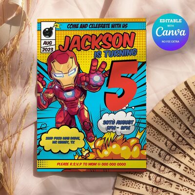 Iron man any age birthday invitation comic style canva editable instant download - Thumbnail 4