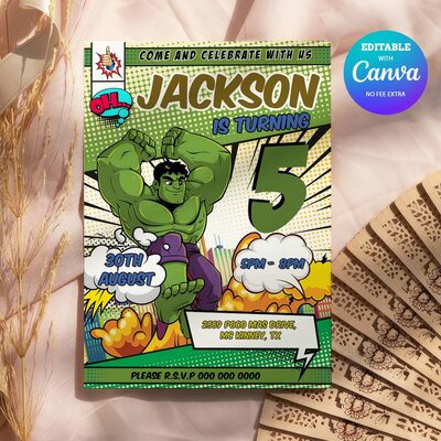 Hulk boy any age birthday invitation comic style canva editable instant download - Thumbnail 5