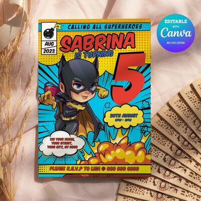 Batgirl any age birthday invitation comic style canva editable instant download - Thumbnail 3