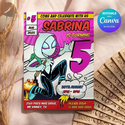 Spider gwen any age birthday invitation comic style canva editable instant download - Thumbnail 4