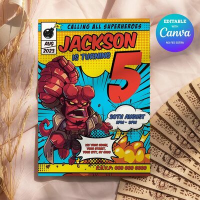 Hellboy any age birthday invitation comic style canva editable instant download - Thumbnail 4