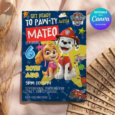 Paw patrol any age birthday invitation comic style canva editable instant download - Thumbnail 5