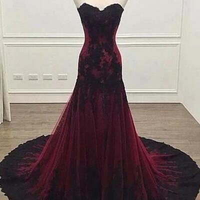Mermaid sweetheart black and burgundy lace evening dresses - Thumbnail 4