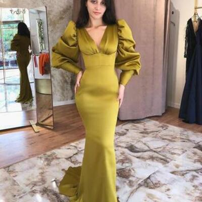 Gorgeous v-neck mermaid prom dresses with long sleeves 