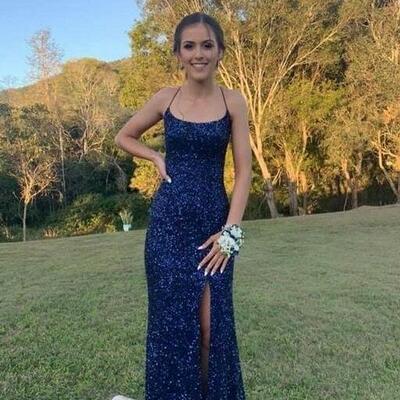 Mermaid cross back navy blue sequin long prom dresses - Thumbnail 3