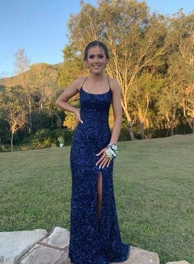 Mermaid Cross Back Navy Blue Sequin Long Prom Dresses
