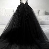 A Line Black V Neck Lace Long Evening Dresses - Thumbnail 1