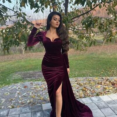 Mermaid front-split long velvet prom dresses