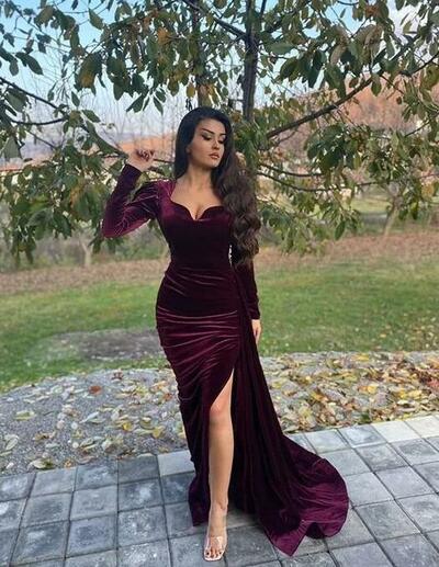 Mermaid Front-Split Long Velvet Prom Dresses