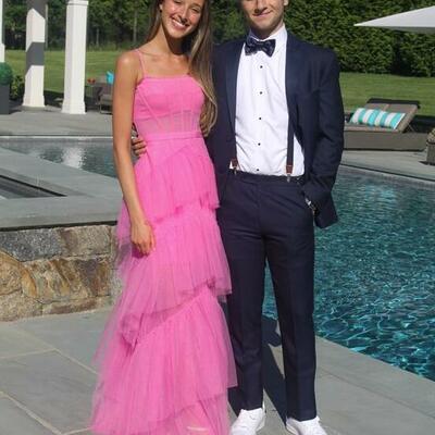 Princess hot pink layered long prom dresses 