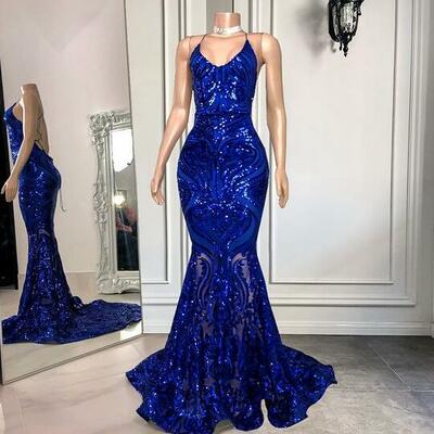 Spaghetti royal blue sequin prom dresses - Thumbnail 5