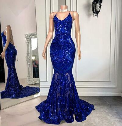 Spaghetti Royal Blue Sequin Prom Dresses