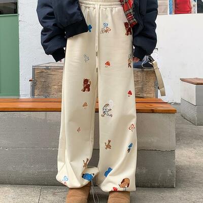 Cartoon animals print fleece sweatpants