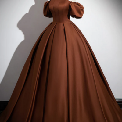 Brown a line satin long prom dress, brown long formal dress kpp1622