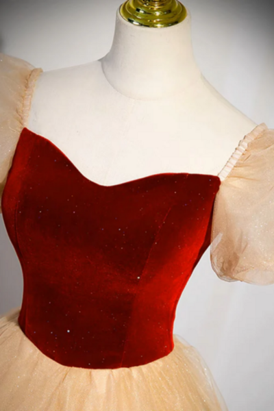 A Line Tulle Velvet Champagne Long Prom Dress, Champagne Long Formal Dress KPP1623