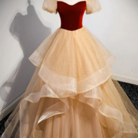 A Line Tulle Velvet Champagne Long Prom Dress, Champagne Long Formal Dress KPP1623 - Thumbnail 1