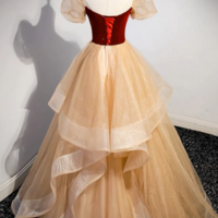 A Line Tulle Velvet Champagne Long Prom Dress, Champagne Long Formal Dress KPP1623 - Thumbnail 2
