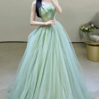 Strapless Green Tulle Long Prom Dresses, Green Tulle Long Formal Evening Dresses KPP1624 - Thumbnail 1