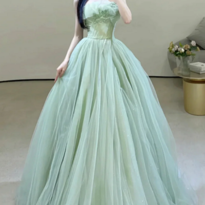 Strapless green tulle long prom dresses, green tulle long formal evening dresses kpp1624
