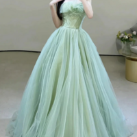 Strapless Green Tulle Long Prom Dresses, Green Tulle Long Formal Evening Dresses KPP1624 - Thumbnail 2