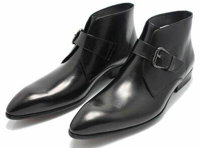 Men Black Handmade Genuine Leather Boots with Pointed Toe and Strap