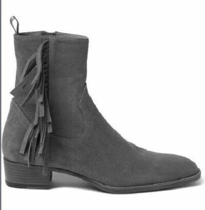New Handmade Men Gray color ankle high fringed ankle high suede Boot, Men Genuine
