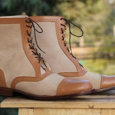 Leather tweed ankle brown beige boot - Thumbnail 3