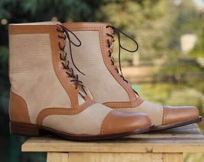 Leather Tweed Ankle Brown Beige Boot