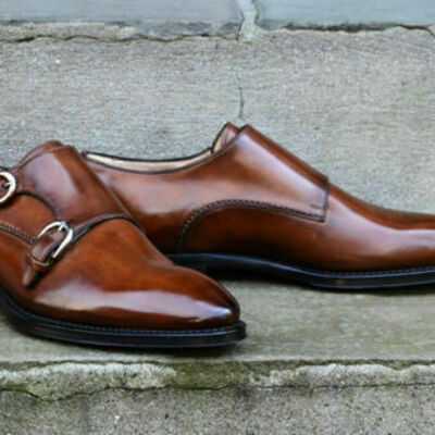 Handmade men double monk strap shoes, brown dress leather shoes, men formal shoe - Thumbnail 3