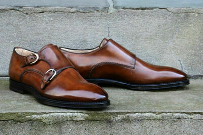 Handmade men double monk strap shoes, brown dress leather shoes, men formal shoe