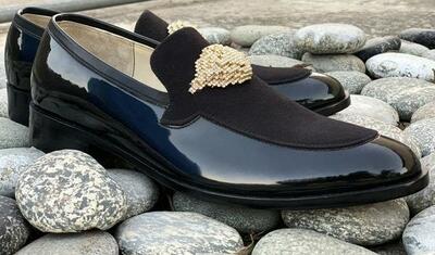 Handmade Patent Leather & Suede Designer Nug Crown Slip On Loafer, Luxury Party Moccasins