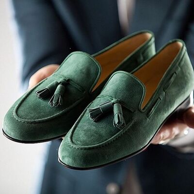Customized handmade men green tassel loafer slip on genuine suede leather shoes - Thumbnail 1