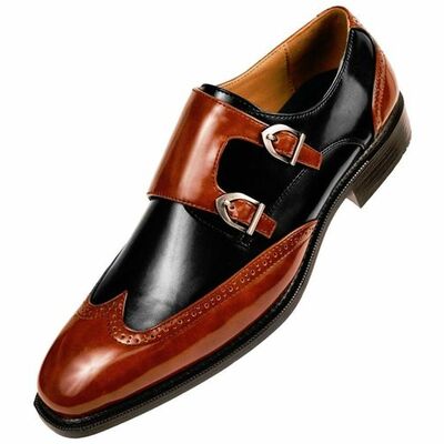 Maroon black made to order men wing tip double buckle strap monk stylish shoes - Thumbnail 1