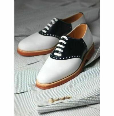 Mens Handcrafted Shoes Black & White Tuxedo Pure Leather Formal Casual Boots New