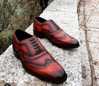 Burnished Maroon Red Brogues Toe Superior Leather Men Formal Dress WingTip Shoes