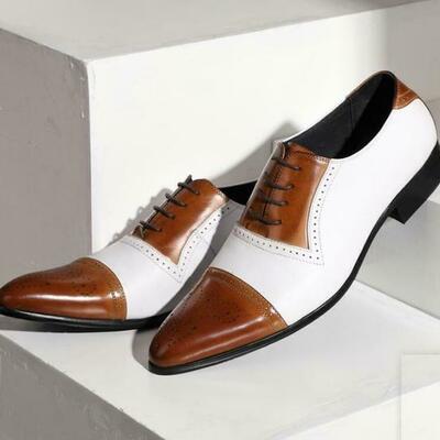 Oxford two tone full brogue cap toe genuine leather handmade formal dress shoes - Thumbnail 2