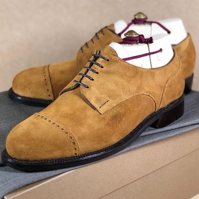 Handmade beige color suede shoes, men's cap toe lace up shoes - Thumbnail 3