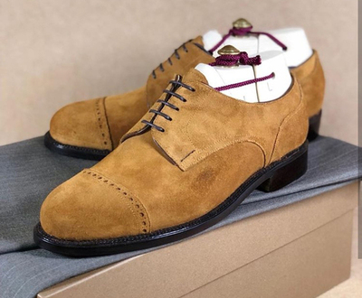 Handmade Beige Color Suede Shoes, Men's Cap Toe Lace Up Shoes