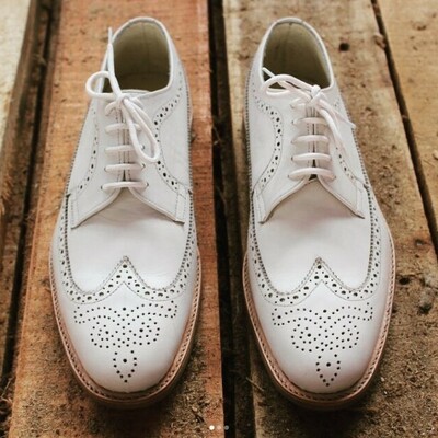 Handmade men wingtip brogue crepe sole shoes, men white leather shoes - Thumbnail 2